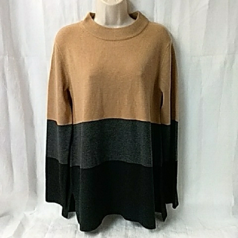 French Connection Normie Colorblock Tunic Sweater Camel Black Gray Size Small